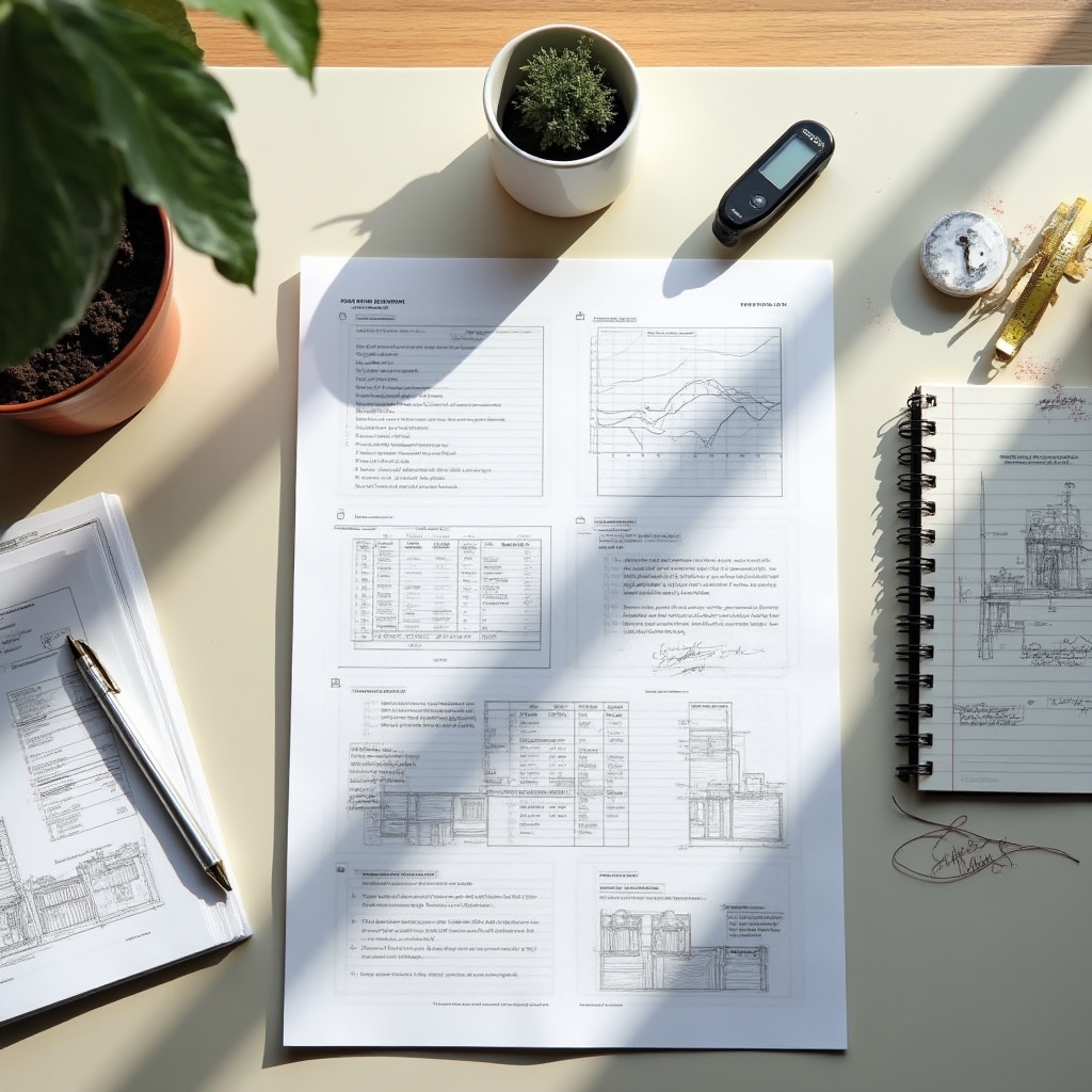 Energy assessment report laid out on a desk with technical measurement notes
