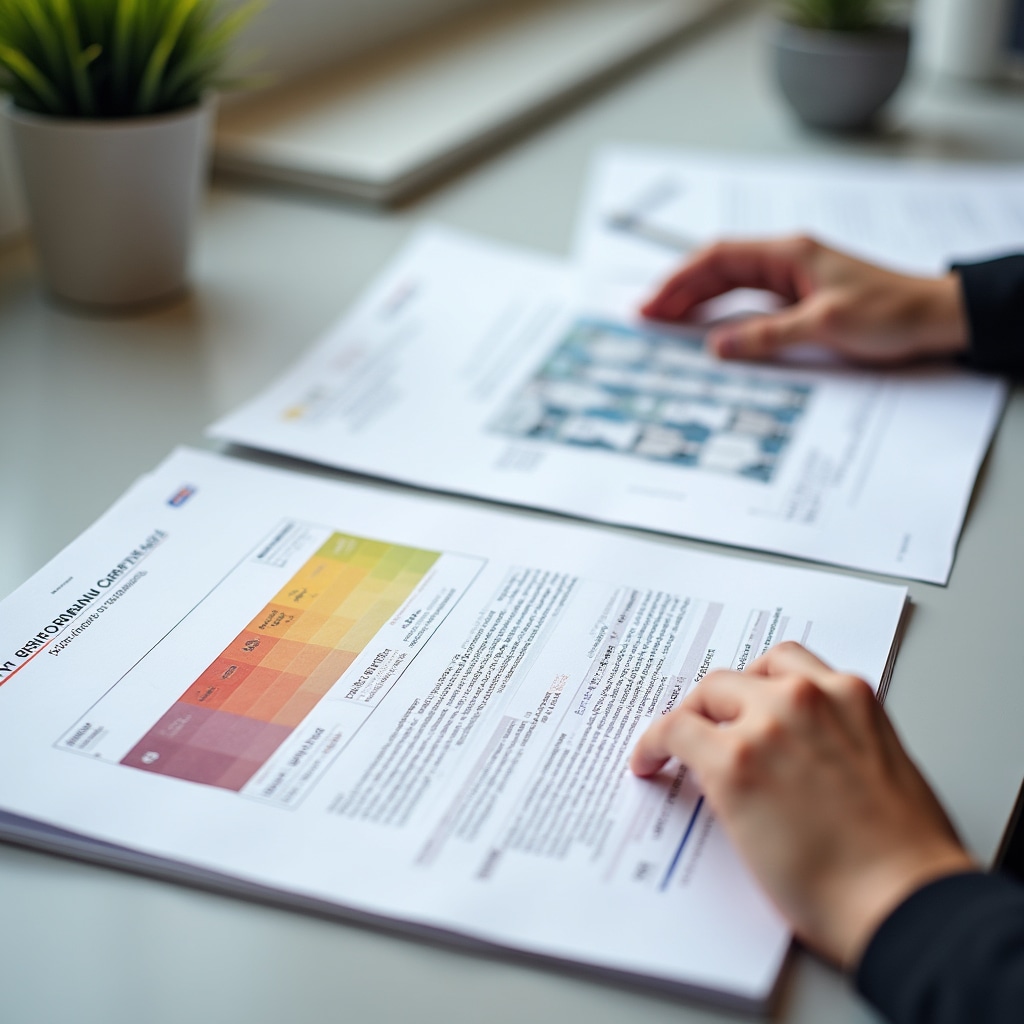 Energy assessment report documents and certificate laid out on a clean surface