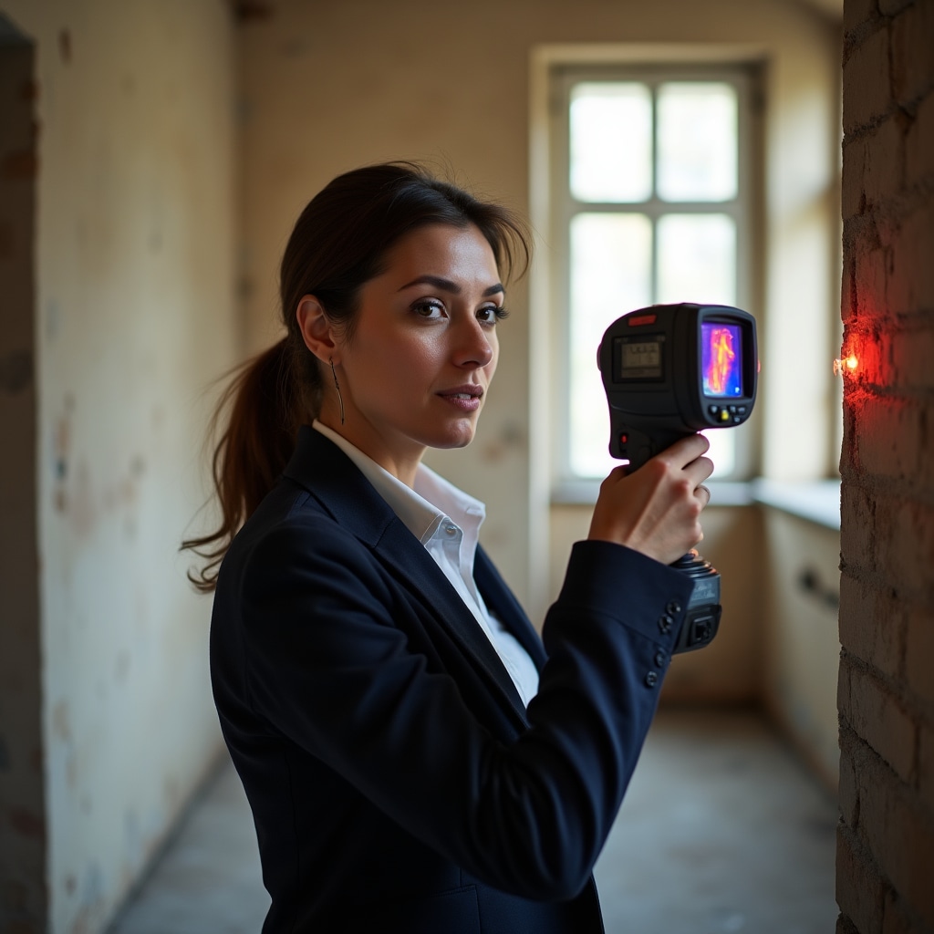Energy technician conducting thermal inspection with measurement tools